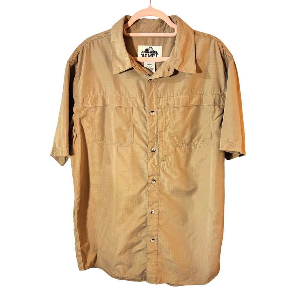 Old Mill Mens Tan Ripstop Short Sleeve Button Down Fishing Hiking Shirt Large